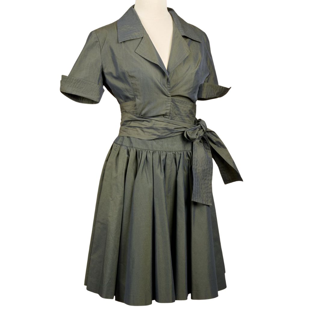 Céline Paris 1990s Iridescent Forest Green Set — Wrap Bodice & Godet Skirt