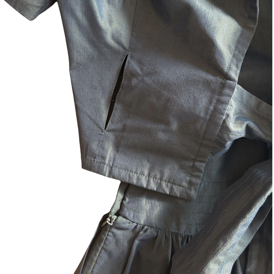Céline Paris 1990s Iridescent Forest Green Set — Wrap Bodice & Godet Skirt