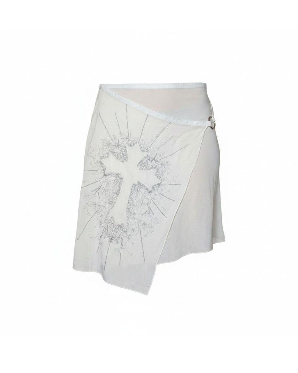 John Richmond 2000s Cream Chiffon Asymmetric Wrap Skirt — Baroque Cross Embroidery
