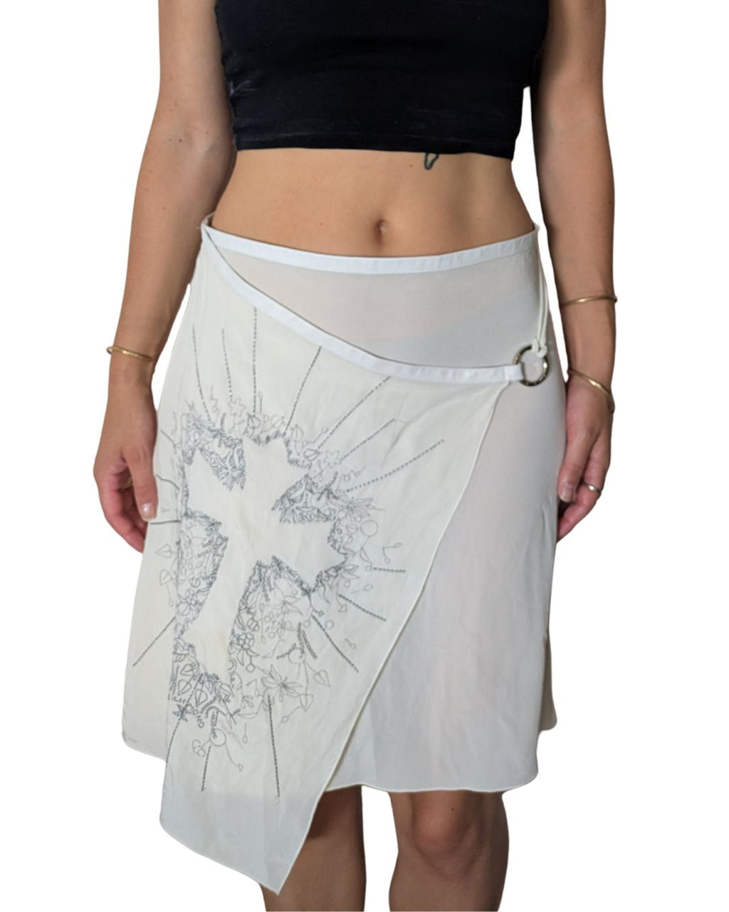 John Richmond 2000s Cream Chiffon Asymmetric Wrap Skirt — Baroque Cross Embroidery