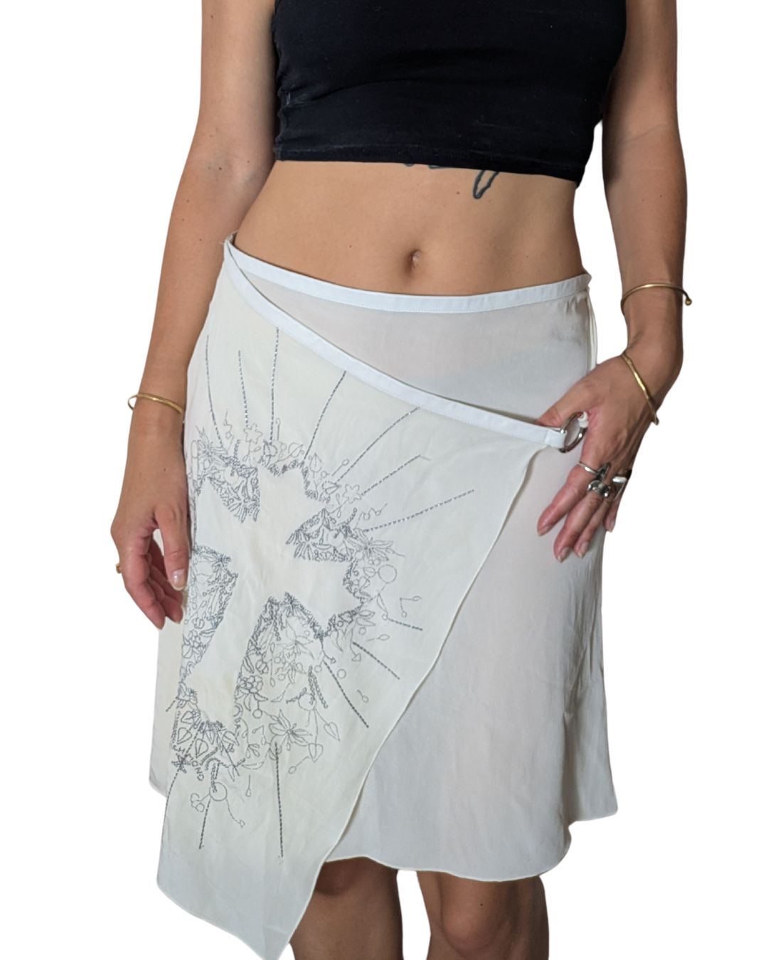 John Richmond 2000s Cream Chiffon Asymmetric Wrap Skirt — Baroque Cross Embroidery