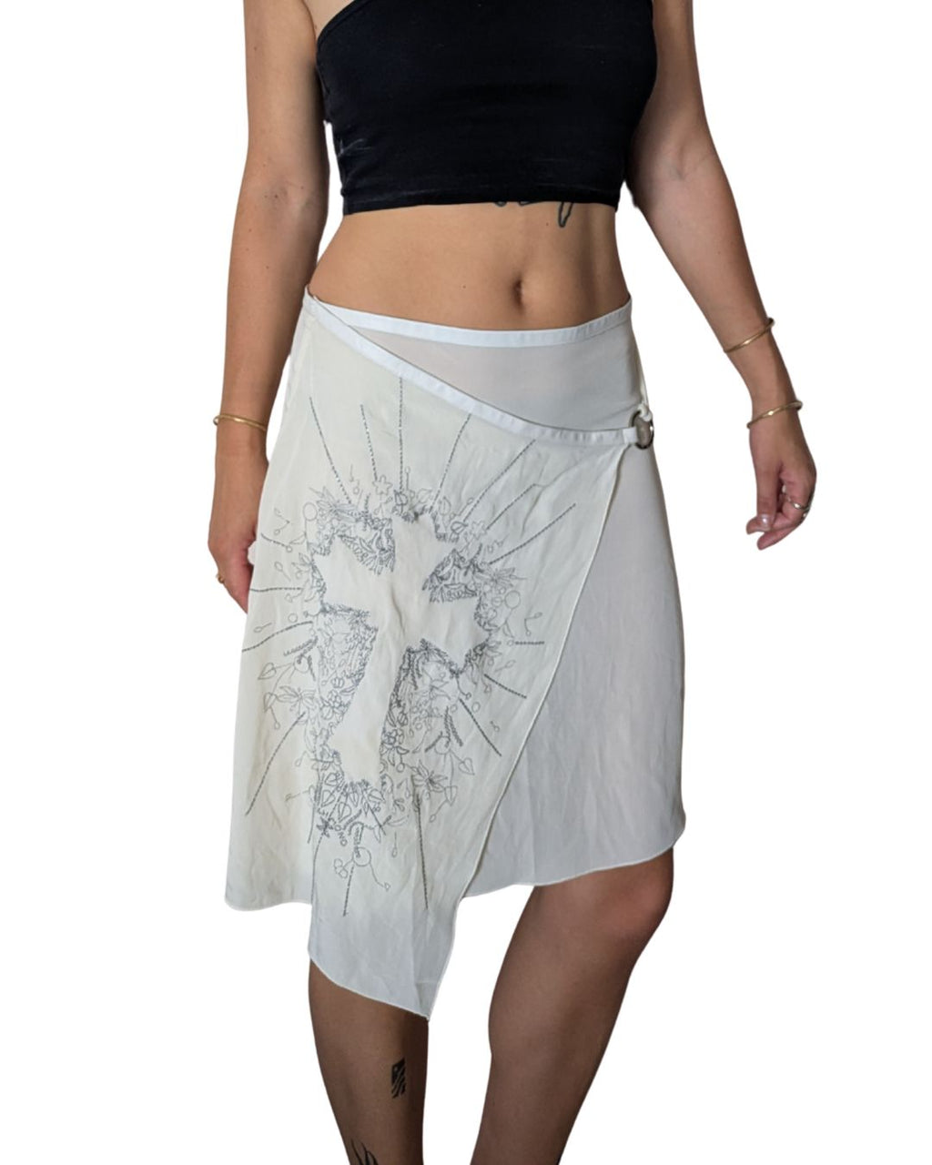 John Richmond 2000s Cream Chiffon Asymmetric Wrap Skirt — Baroque Cross Embroidery