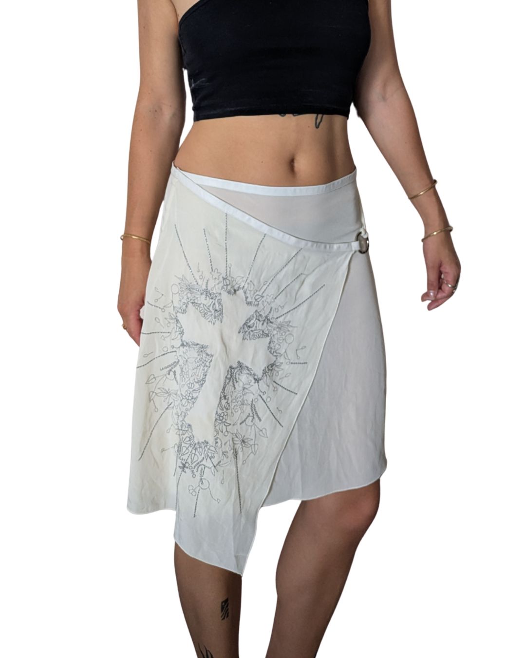 John Richmond 2000s Cream Chiffon Asymmetric Wrap Skirt — Baroque Cross Embroidery