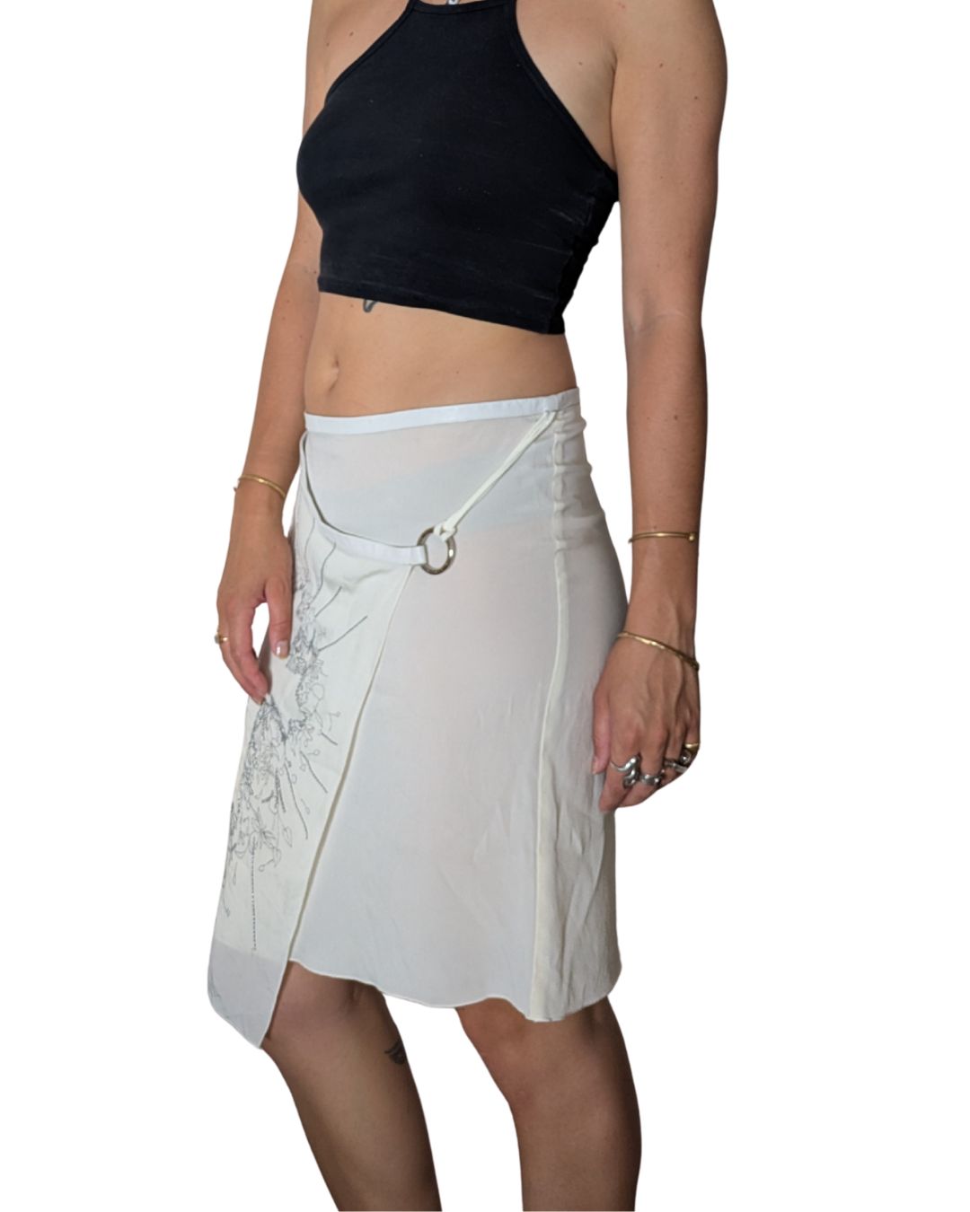 John Richmond 2000s Cream Chiffon Asymmetric Wrap Skirt — Baroque Cross Embroidery