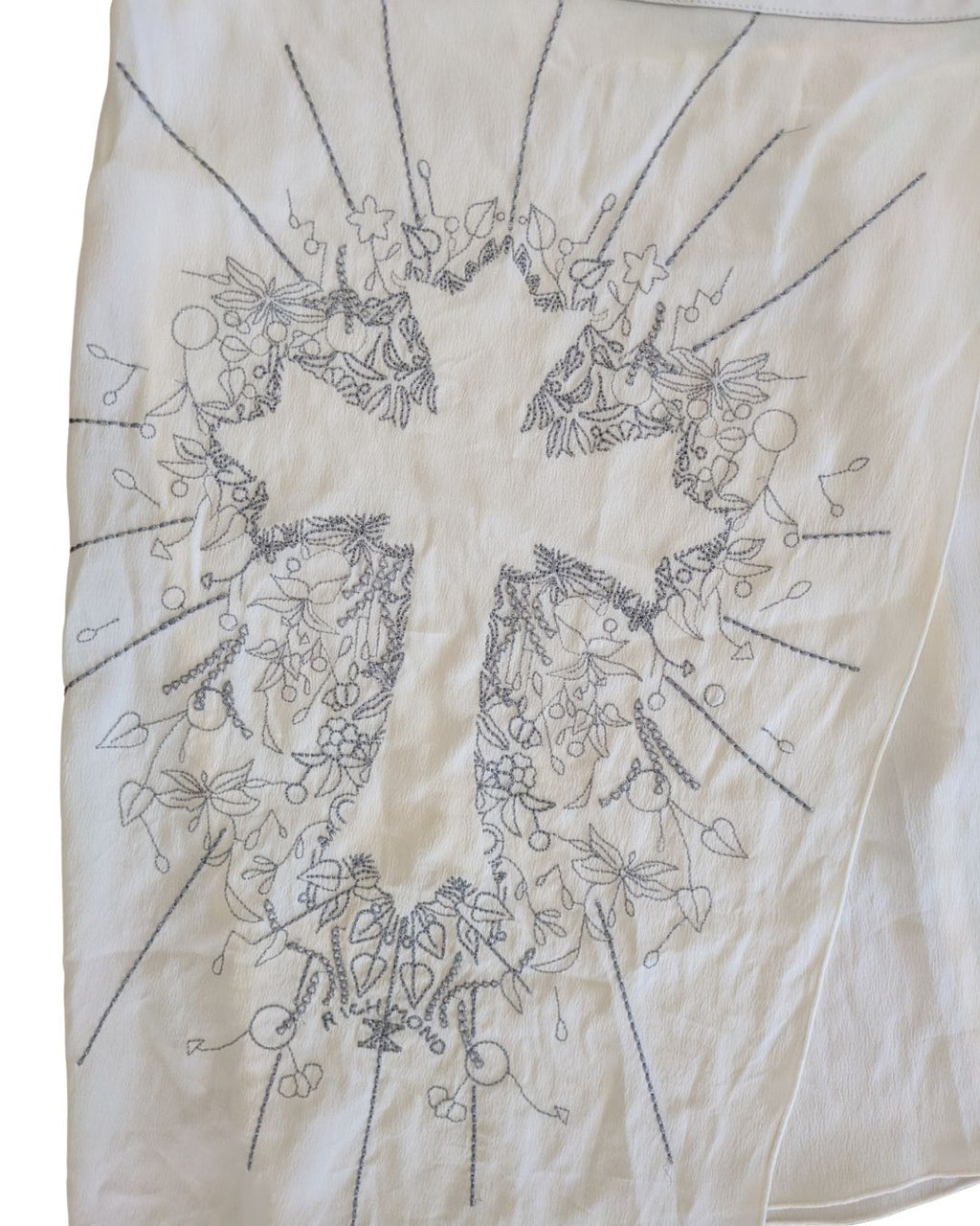 John Richmond 2000s Cream Chiffon Asymmetric Wrap Skirt — Baroque Cross Embroidery