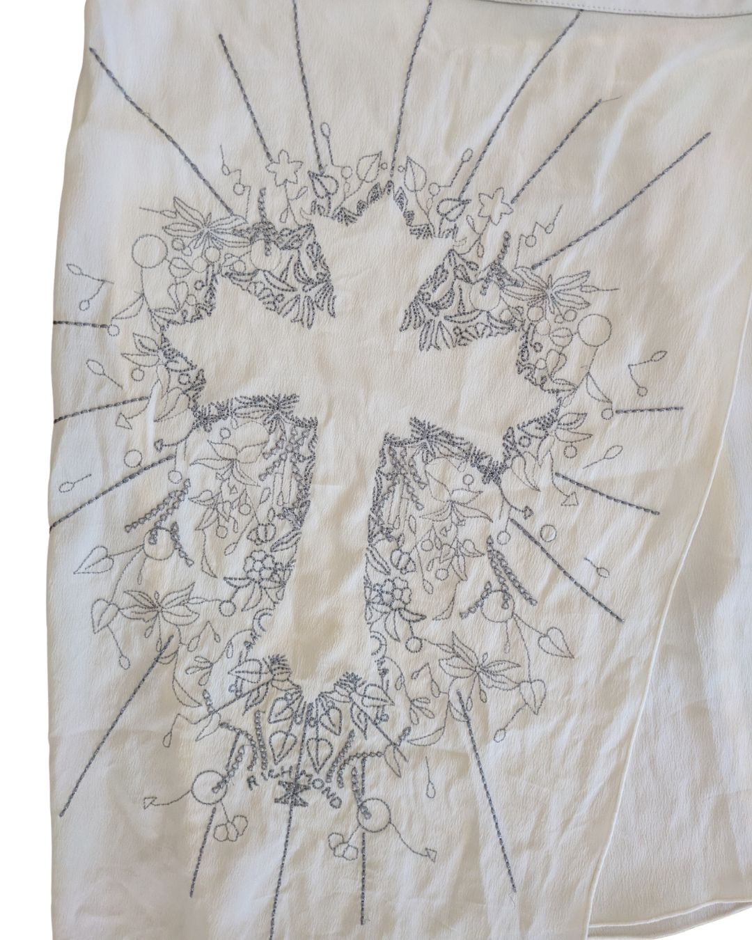 John Richmond 2000s Cream Chiffon Asymmetric Wrap Skirt — Baroque Cross Embroidery