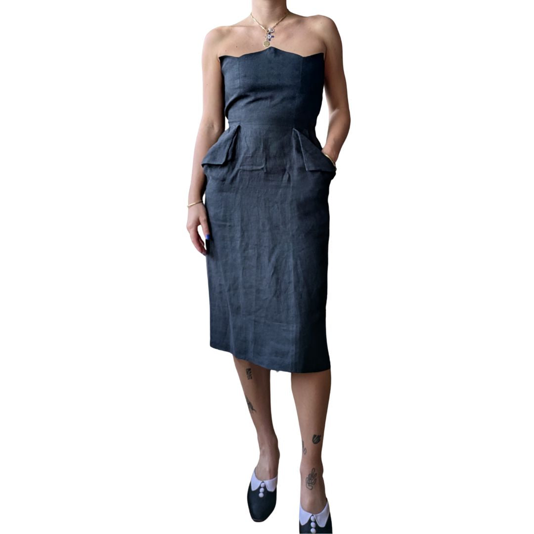 Christian Dior Boutique 1990s Black Linen Bustier Dress — Ferré Era