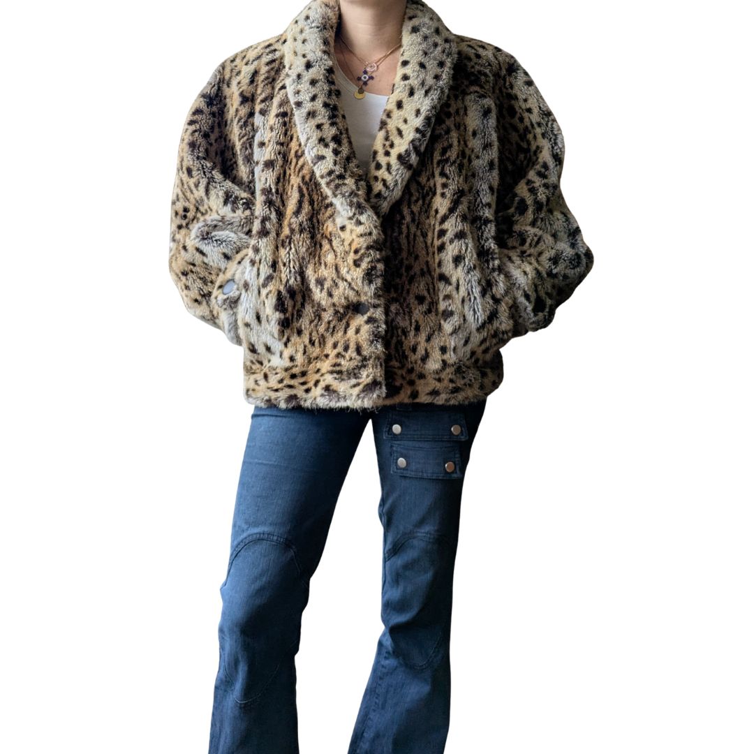 Jean Louis de Paris Circa 1980s-90s Faux Fur Leopard Print Jacket — Shawl Collar