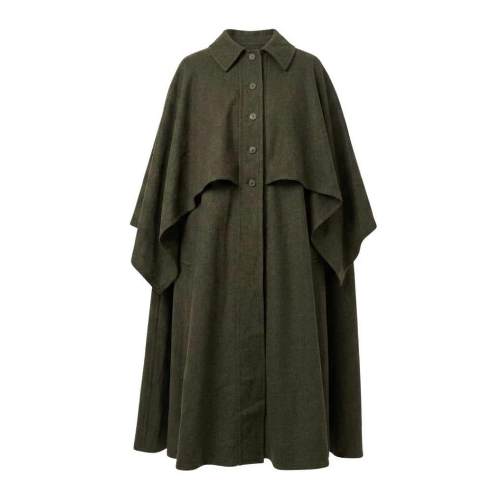 Lanvin Paris Circa 1981 Long Wool Cape — Muted Olive Green