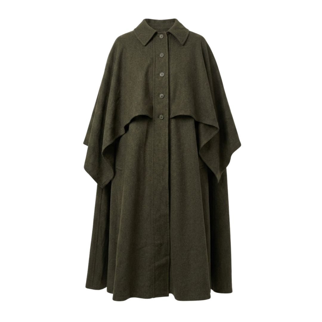 Lanvin Paris Circa 1981 Long Wool Cape — Muted Olive Green